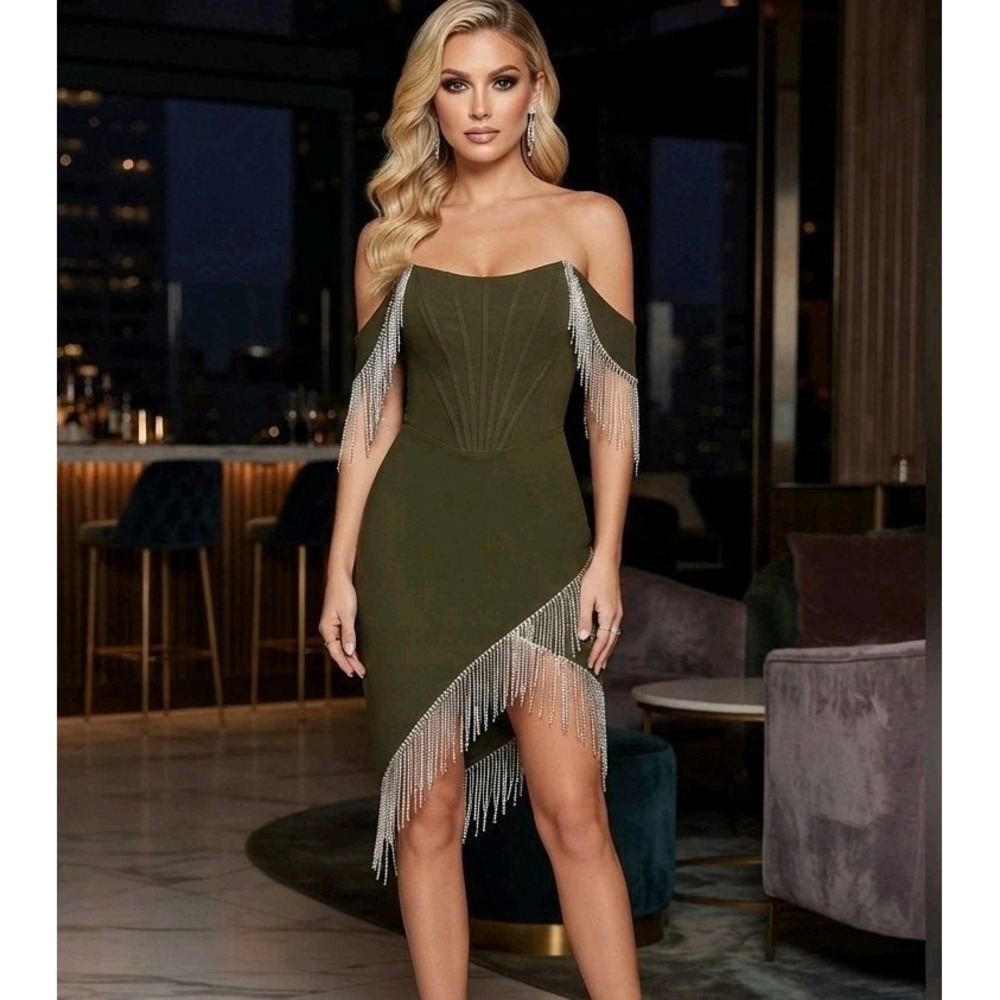 New Lavish Alice Olive Green Bardot Corset Rhinestone Fringe Asymmetric Dress 0